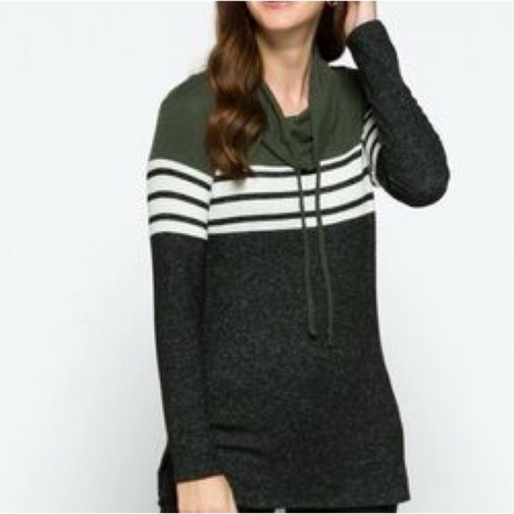 Market & Spruce Olive, Charcoal and White Striped Cowl Neck Sweater